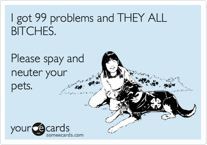 I got 99 problems and DEY ALL BITCHES.

Please spay and
neuter your
pets.