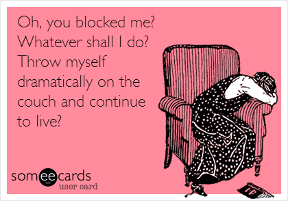 Oh, you blocked me?
Whatever shall I do?
Throw myself
dramatically on the
couch and continue
to live?