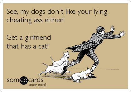 See, my dogs don't like your lying,
cheating ass either!

Get a girlfriend
that has a cat!