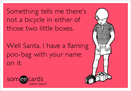 Something tells me there's
not a bicycle in either of
those two little boxes.

Well Santa, I have a flaming
poo-bag with your name
on it.