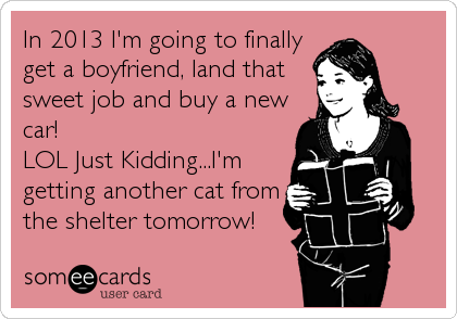 In 2013 I'm going to finally
get a boyfriend, land that
sweet job and buy a new
car!
LOL Just Kidding...I'm
getting another cat from
the shelter tomorrow!