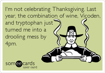 I'm not celebrating Thanksgiving. Last
year, the combination of wine, Vicoden,
and tryptophan just
turned me into a
drooling mess by
4pm.