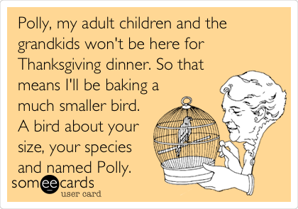 Polly, my adult children and the
grandkids won't be here for
Thanksgiving dinner. So that
means I'll be baking a
much smaller bird.
A bird about your
size, your species
and named Polly. 