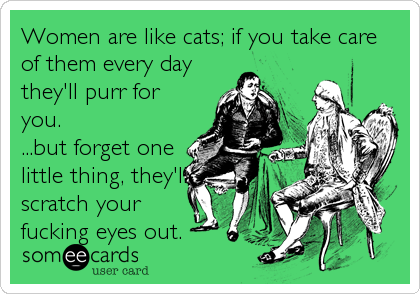 Women are like cats; if you take care
of them every day
they'll purr for
you.
...but forget one
little thing, they'll
scratch your
fucking eyes out.