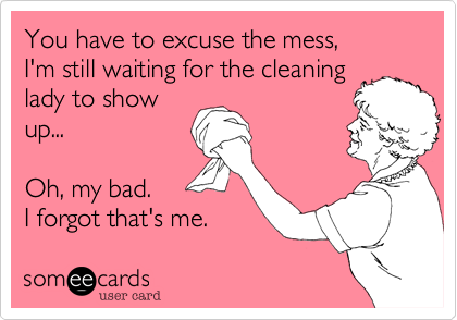 You have to excuse the mess,
I'm still waiting for the cleaning
lady to show
up...

Oh, my bad.
I forgot that's me. 