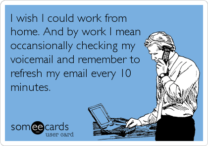I wish I could work from
home. And by work I mean
occansionally checking my
voicemail and remember to
refresh my email every 10
minutes.