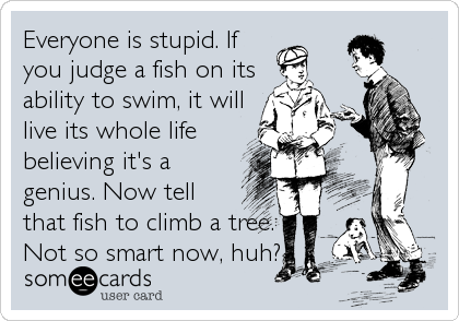 Everyone is stupid. If
you judge a fish on its
ability to swim, it will
live its whole life
believing it's a
genius. Now tell
that fish to climb a tree.
Not so smart now, huh?