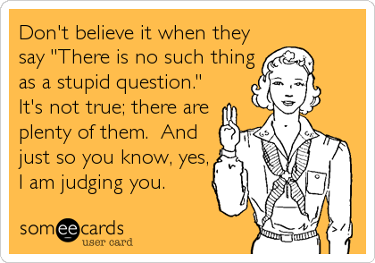 Don't believe it when they
say "There is no such thing
as a stupid question."
It's not true; there are
plenty of them.  And
just so you know, yes,
I am judging you.