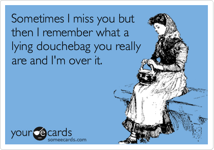 Sometimes I miss you but
then I remember what a
lying douchebag you really
are and I'm over it.
