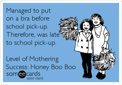 Managed to put
on a bra before
school pick-up.
Therefore, was late
to school pick-up.

Level of Mothering
Success: Honey Boo Boo