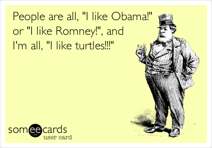 People are all, "I like Obama!"
or "I like Romney!", and
I'm all, "I like turtles!!!"