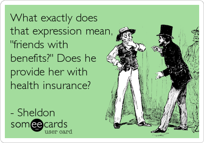 What exactly does
that expression mean,
"friends with
benefits?" Does he
provide her with
health insurance?

- Sheldon
