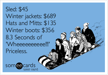Sled: %2445
Winter jackets: %24689
Hats and Mitts: %24135
Winter boots: %24356
8.3 Seconds of
'Wheeeeeeeeee!!!'
Priceless. 