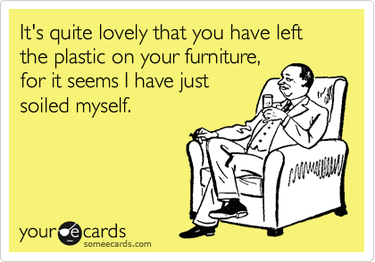 It's quite lovely that you have left the plastic on your furniture,
for I have just urinated
myself. 