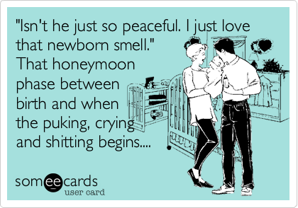 "Isn't he just so peaceful. I just love that newborn smell."
That honeymoon
phase between
birth and when
the puking, crying 
and shitting begins....