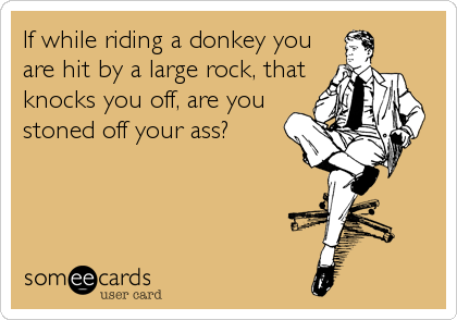 If while riding a donkey you
are hit by a large rock, that
knocks you off, are you
stoned off your ass?