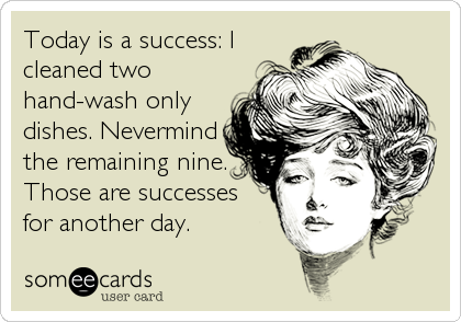 Today is a success: I
cleaned two
hand-wash only
dishes. Nevermind
the remaining nine.
Those are successes 
for another day.