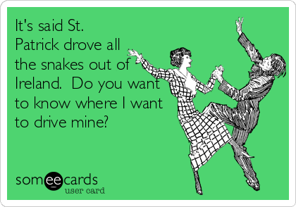 It's said St.
Patrick drove all
the snakes out of
Ireland.  Do you want
to know where I want
to drive mine?