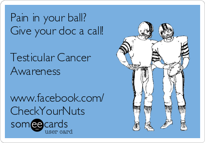 Pain in your ball?
Give your doc a call!

Testicular Cancer
Awareness

www.facebook.com/
CheckYourNuts