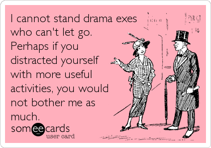 I cannot stand drama exes 
who can't let go.
Perhaps if you
distracted yourself
with more useful 
activities, you would 
not bother me as
much.