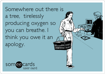 Somewhere out there is
a tree,? tirelessly
producing oxygen so
you can breathe. I
think you owe it an 
apology.