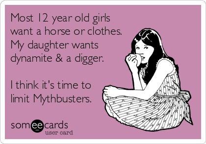 Most 12 year old girls
want a horse or clothes.
My daughter wants
dynamite & a digger.

I think it's time to
limit Mythbusters.