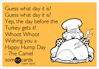 Guess what day it is?
Guess what day it is?
Yep, the day before the
Turkey gets it!
Whoot Whoot
Wishing you a
Happy Hump Day
- The Camel