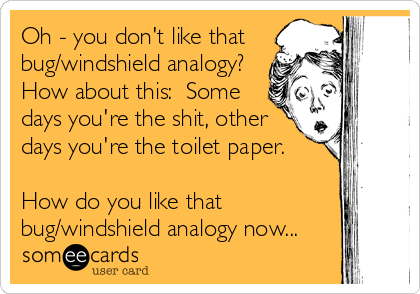 Oh - you don't like that
bug/windshield analogy? 
How about this:  Some
days you're the shit, other
days you're the toilet paper.

