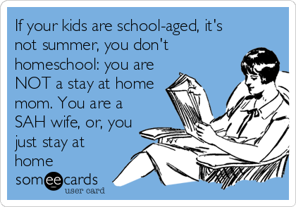 If your kids are school-aged, it's
not summer, you don't
homeschool: you are
NOT a stay at home
mom. You are a
SAH wife, or, you
just stay at
home