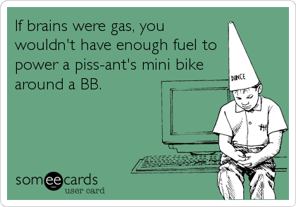 If brains were gas, you
wouldn't have enough fuel to 
power a piss-ant's mini bike
around a BB.