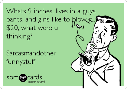 Whats 9 inches, lives in a guys
pants, and girls like to blow it..
$20, what were u 
thinking?

Sarcasmandother
funnystuff