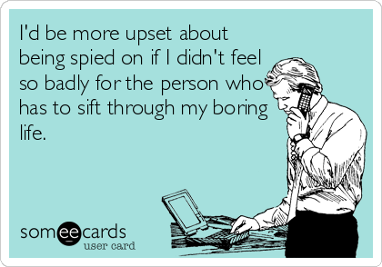 I'd be more upset about
being spied on if I didn't feel
so badly for the person who
has to sift through my boring
life.