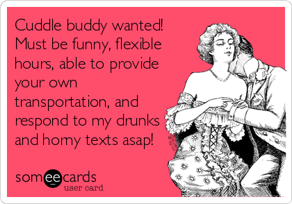 Cuddle buddy wanted! 
Must be funny, flexible
hours, able to provide
your own
transportation, and
respond to my drunks
and horny texts asap!