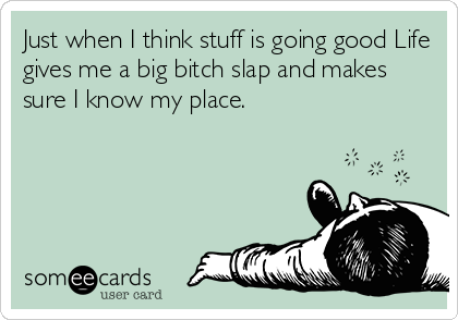 Just when I think stuff is going good Life
gives me a big bitch slap and makes
sure I know my place.