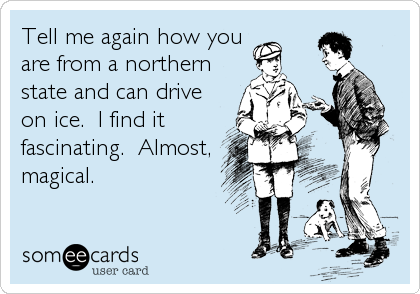 Tell me again how you
are from a northern
state and can drive
on ice.  I find it
fascinating.  Almost,
magical.