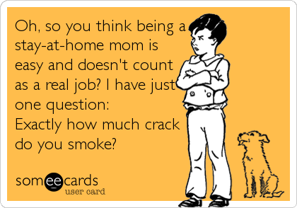 Oh, so you think being a 
stay-at-home mom is
easy and doesn't count
as a real job? I have just
one question: 
Exactly how much crack<br%2