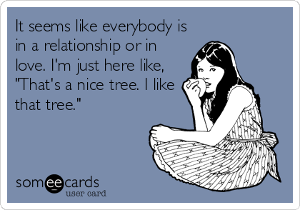 It seems like everybody is 
in a relationship or in
love. I'm just here like,
"That's a nice tree. I like
that tree."