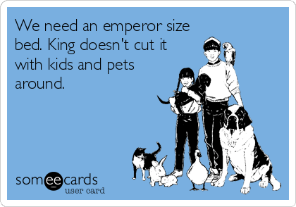 We need an emperor size
bed. King doesn't cut it
with kids and pets
around.