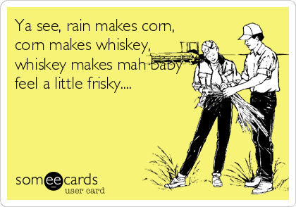 Ya see, rain makes corn,
corn makes whiskey,
whiskey makes mah baby
feel a little frisky....