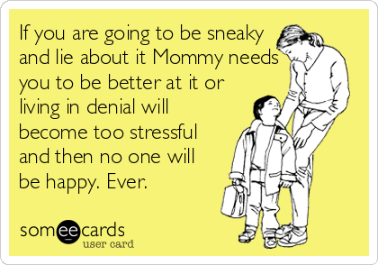 If you are going to be sneaky
and lie about it Mommy needs
you to be better at it or
living in denial will
become too stressful
and then no one will
be happy. Ever.
