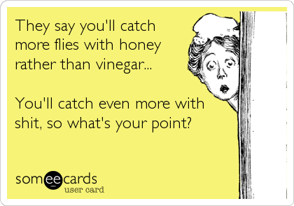 They say you'll catch
more flies with honey
rather than vinegar... 

You'll catch even more with
shit, so what's your point?