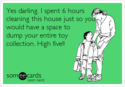 Yes darling. I spent 6 hours
cleaning this house just so you
would have a space to
dump your entire toy
collection. High five!!