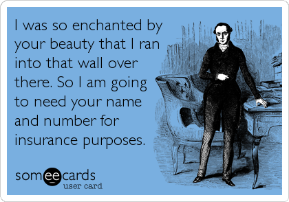 I was so enchanted by
your beauty that I ran
into that wall over
there. So I am going
to need your name
and number for
insurance purpos