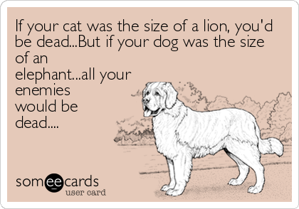 If your cat was the size of a lion, you'd
be dead...But if your dog was the size
of an
elephant...all your
enemies
would be
dead....