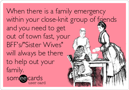 When there is a family emergency
within your close-knit group of friends
and you need to get
out of town fast, your
BFF's/"Sister Wives"
will always be there
to help out your
family.