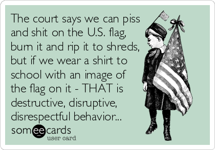 The court says we can piss
and shit on the U.S. flag,
burn it and rip it to shreds,
but if we wear a shirt to
school with an image of
the flag on it - THAT is
destructive, disruptive, 
disrespectful behavior...