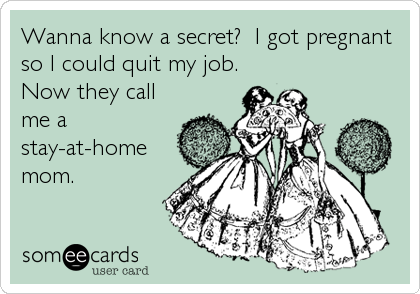 Wanna know a secret?  I got pregnant
so I could quit my job.
Now they call
me a
stay-at-home
mom.