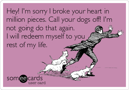 Hey! I'm sorry I broke your heart in
million pieces. Call your dogs off! I'm
not going do that again. 
I will redeem myself to you 
rest of my life.