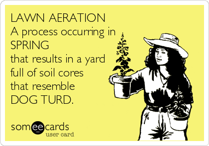 LAWN AERATION
A process occurring in
SPRING
that results in a yard
full of soil cores
that resemble 
DOG TURD.