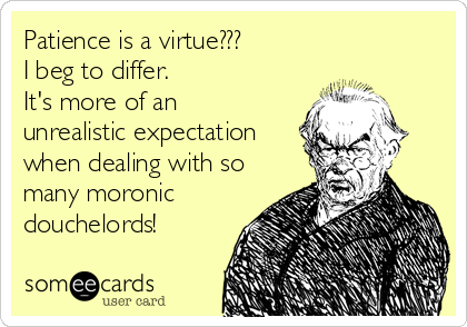 Patience is a virtue???
I beg to differ. 
It's more of an 
unrealistic expectation
when dealing with so
many moronic
douchelords!
